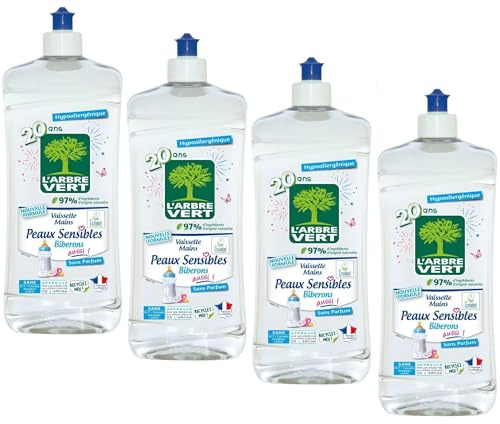 L'Arbre Vert Liquide Vaisselle Peaux Sensibles Biberons 750 ml - Hypoallergénique - Ecolabel Européen - 97% d'Origine Naturelle - Lot de 4