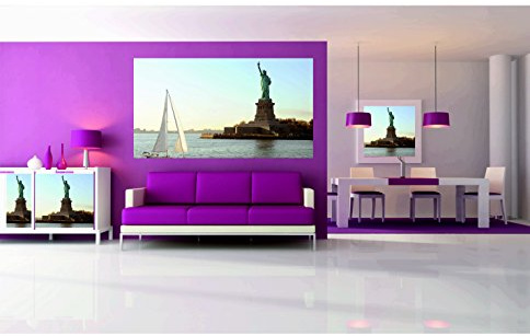 Fotomurales Vinilo Pared Estatua de La Libertad y Yate, Nueva York Varias Medidas 350x250cm | Adhesivo Incluido | Decoracion Habitación, Salon, Oficina, Negocio | Motivos Paisajisticos