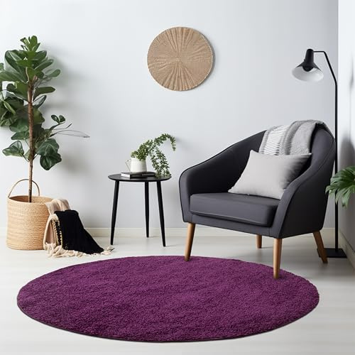 HomebyHome Teppich Rund Hochflor 160 cm Rund - Shaggy Runder Teppich Wohnzimmer Violett Extra Weich und Flauschig - Waschbarer Langflor Teppiche für Schlafzimmer, Küche, Flur - Carpet, Halı, Kilim