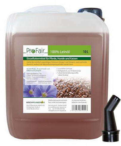 ProFair Leinöl 10 Liter kaltgepresst für Pferd, Hund, Katze | 100% aus reiner Leinsaat, ohne Zusätze, Einzelfuttermittel