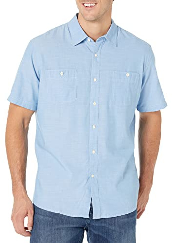 Amazon Essentials Camisa de Manga Corta de Corte Regular en Chambray Hombre, Azul Claro, XXL