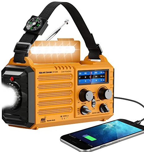 Radio de emergencia NOAA solar portátil, AM/FM, batería recargable, cargador USB, linterna, lámpara de lectura, alarma SOS
