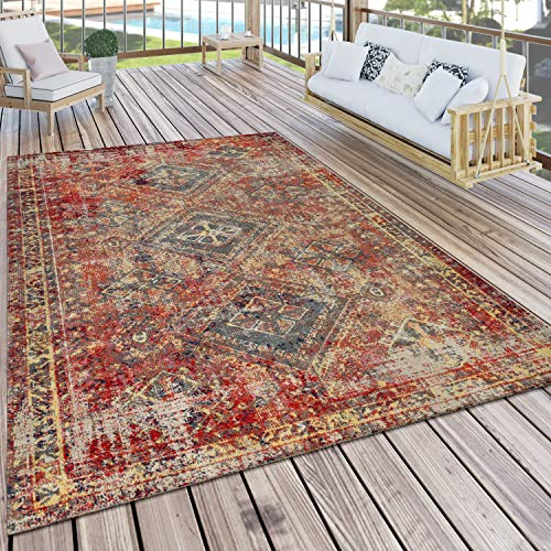 Paco Home Alfombra de Exterior, Terraza, Roja, Balcón Diseño Oriental, Robusto Resistente a la Intemperie, tamaño:120x170 cm
