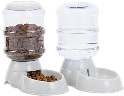 Navaris Wasserspender & Futterspender für Katze und Hund - 2X 3,8 L Groß - Automatischer Trockenfutter Spender für Katzen und Hunde in Grau