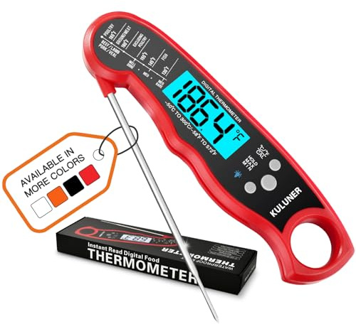 KULUNER TP-01 Waterproof Digital Instant Read Meat Thermometer with 4.6 Folding Probe Backlight Calibration Function for Cooking Food Candy, BBQ Grill, Liquids,Beef（Red）