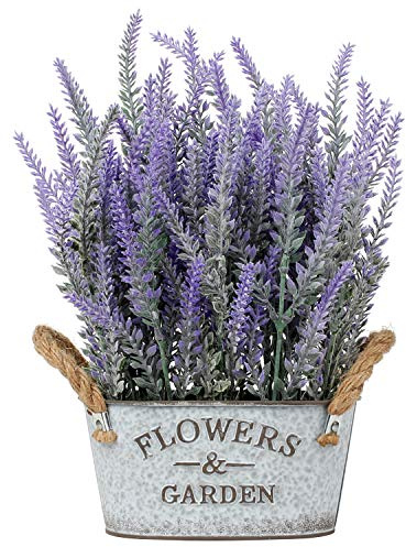 Briful Künstliche Lavendel Blumen Kunstpflanzen Kunstblumen Flocked Kunststoff Lavendel in Verzinktem Metall Topf Indoor Outdoor Home Küche Büro Tischdekoration Dekor Galvanized Oval