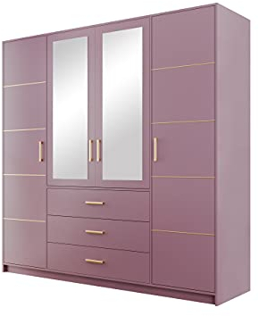 Drehtürenschrank Bado 4D II, Kleiderschrank mit Spiegel, Schubladen und Spiegeltüren, Elegantes Schlafzimmer Schrank, Jugendzimmer, Farbauswahl (Pflaume/Pflaume + Gold)