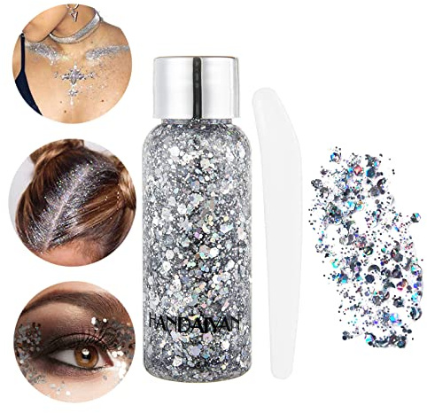 Holographischer Glitzer Make-up Flocken Glitzer Flüssigkeit für Körper Gesicht Augen Nägel Haar für Musik Festival Maskerade Halloween Party Silber (wird mit einem Löffel geliefert)