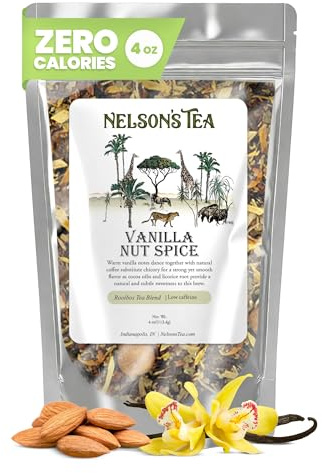 Nelson's Tea Vanilla Nut Spice - Cut & Sifted, Low Caffeine Rooibos Loose Leaf Tea with Honeybush, Yerba Mate, Chicory Root, Licorice Root, Cardamom Seeds, Coconut and Marigold Herbal Blend (4 oz)