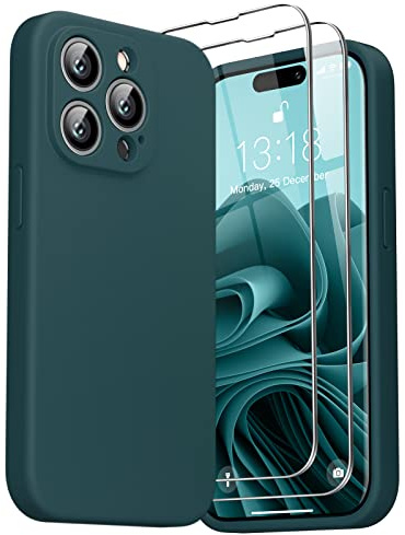 GOODVISH Hülle Kompatibel mit iPhone 14 Pro - mit 2 Stück Schutzfolie | Liquid Silikon Handyhülle | Kameraschutz und Bildschirmschutz | Rundumschutz stoßfeste Case für 14 Pro (6,1) | DunkelGrün