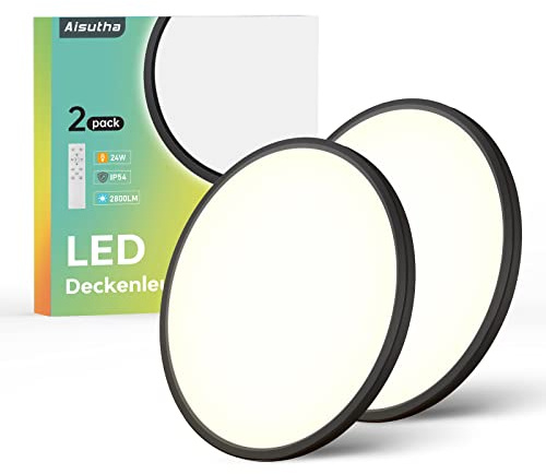 Aisutha LED Deckenleuchte, 24W 2800LM Deckenlampe mit Fernbedienung,2 Stück | 3000K-6500K, IP54 Schutzart,Energiesparende , Deckenleuchte für Wohnzimmer Kinderzimmer Küche Badezimmer,Ø30cm-Schwarz