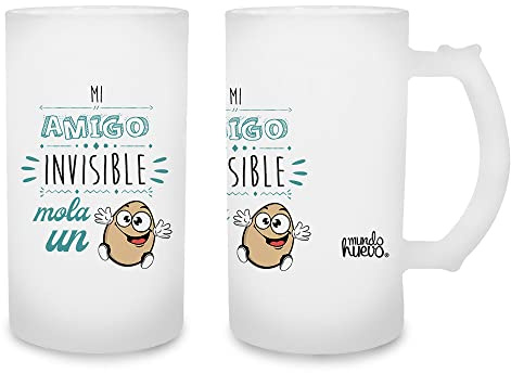 Jarra de cerveza Mi amigo invisible mola un huevo. Cristal esmerilado de primera calidad AAA. 80 x 150 mm. 500 ml
