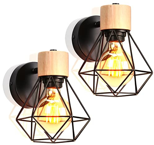 Lámpara de pared Interior Industrial Aplique de Pared E27 con Madera Vintage Luz de pared led Metal Adjustable Decoración Iluminación para Sala de Estar Lectura Dormitorio (A-Negro- 2 piezas)