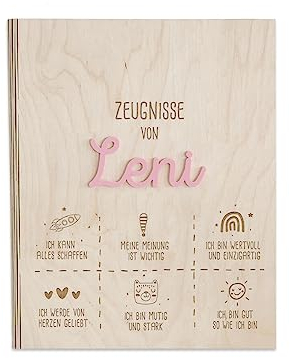 Personalisierte Zeugnismappe aus Birkenholz mit Acryl Namen - Individuelles Geschenk zur Einschulung - DIN A4 - Zeugnisringbuch Mädchen & Jungen - hellomini (Affirmation rosa)