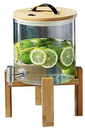 WRJAHCG Dispensador De Bebidas De Cristal,Dispensador De Bebidas De Vidrio,Botella con Grifo Soporte Y Tapa De Madera para Bebida Caliente O Fría - Garrafa De Agua,Faucet +Base,5L