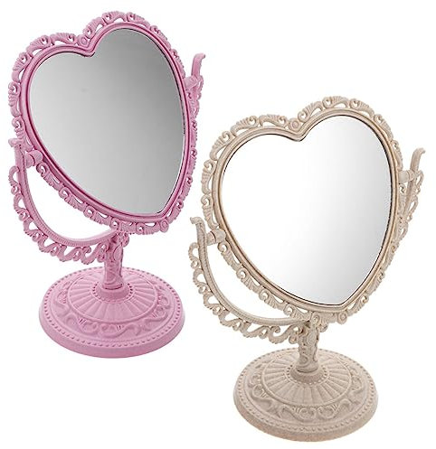 Beatifufu Herzförmiger Kosmetikspiegel Desktop Spiegel 2 Stück Aus Pp Und Glas Retro Stil Hochauflösender Schminkspiegel Für Zuhause Und Schminktisch