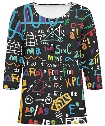 Howilath Weihnachten Tunika Tops Frauen Bunte Lichter V-Ausschnitt Knopfleiste Shirts Xmas 3/4 Ärmel Plissee Bluse Schwarz Top, Mathematik, Large