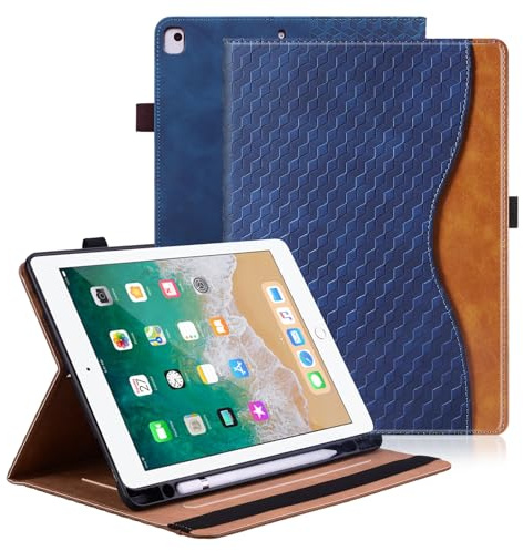 Vkooer Hülle für iPad 9.7 Zoll 2018/2017 (iPad 6./5. Generation) Schutzhülle mit Pencil Halter Ledertasche Cover Case mit Auto Schlaf/Aufwach Kartentasche für iPad Air 2/Air 1 - Marineblau
