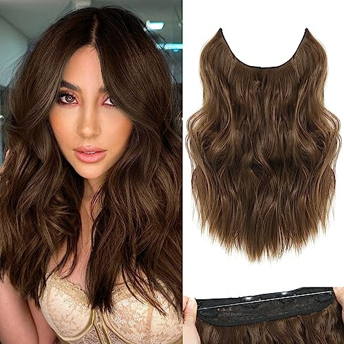 BUPPLER Halo Hair Extensions 12 Inch Invisible Wire Hair Extensions Adjustable Long Wavy Hairpiece Synthetic Upgrade 4 Secure Clips in Hairpieces 12 Inch,Chestnut Brown
