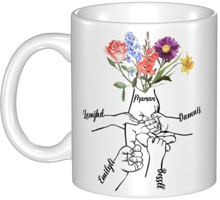 Ozinna Fleurs de Naissance Tasse Personnalisable avec Noms Texte,Tient Les Mains de Maman Mug Personnalisée,Tasse A Cafe Céramique,Noël Anniversaire Cadeau pour Maman Grand Mère Cadeau Fête des Mères