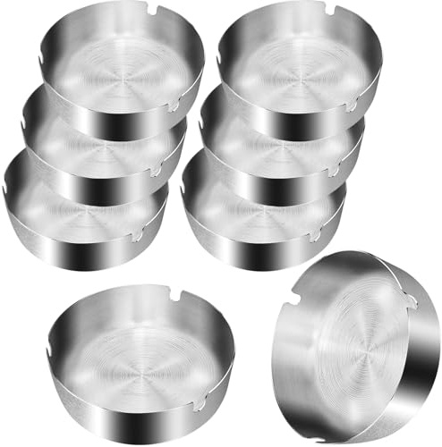 8 Piezas Cenicero de Acero Inoxidable Redondo 10 cm Interior y Exterior de Metal para Cigarrillos, Utilizado en Restaurantes, Bares, Dormitorios (Plata)