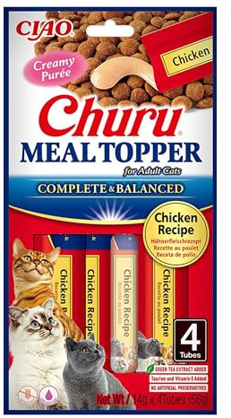 INABA Churu Meal Topper Katzenleckerlis Als Zusatz zum Trockenfutter Hühnchen 4 x 14 g mit Taurin, Grüntee-extrakt, Vitamine