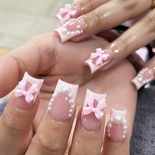 GlamRays 24 Stück Pink French Nails Set: Press On, Kurz, Mittel, Quadrat, Dick, Vollumspannend, Klebe, Schön, Perlen Schleife Design