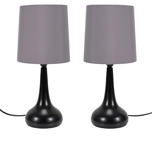 ValueLights | Black Teardrop Touch Dimmer Table Lamps with Grey Pink Shade | Home Décor, Bedside & Desk Lamp | Includes Bulb