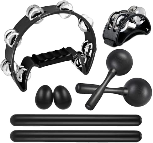 8 Pcs Tambourines for Adults Metal Jingles Half Moon Tambourine, Foot Tambourine, Wood Rhythm Sticks，Egg Shakers, Sand Hammer, Hand Percussion Instrument Set for Party, KTV