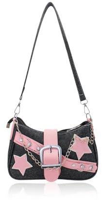 AfitLulu Klein Umhängetasche Damen Denim Schultertasche mit Handkette und Abnehmbarem Schultergurt, Halbmond Tasche Y2K Tasche Modisch Handtasche mit Reißverschluss (Schwarz)