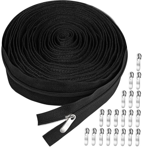 luckaide Endlosreißverschluss mit Zipper, 10M Reißverschluss Meterware, Endlosreißverschluss mit 20 Metall Schieber, Reisverschluss Endloses schwarz für Kleidung Tasche Bettwäsche DIY-Näharbeiten