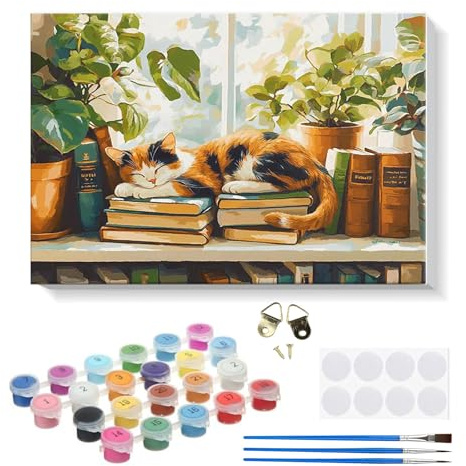RICUVED Katt måla efter siffror set 20 x 30 cm för vuxna barn med träram bok digital oljemålning kit, gör-det-själv konstkit med färger, borstar och träramar, för nybörjare och hobbykonstnärer