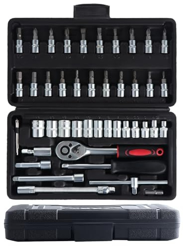 Camiraft 46 Stück Knarrenkasten Klein 1/4 Zoll Steckschlüsselsatz Ratschenkasten, Das Verchromt Werkzeugkoffer, Ratschen- und Steckschlüssel-Set Geeignet für Arbeiten an Fahrrädern Hause und DIY