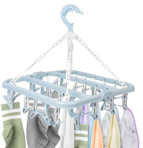 CHGANG Folding Sock Dryer with 32 Pegs, Plastic Sock Hangers with Clips, Underwear Hanger for Washing Line Accessories, Drip Airer Hanging Sock Rack for Shoe Insoles Underwear Bras Baby Clothes
