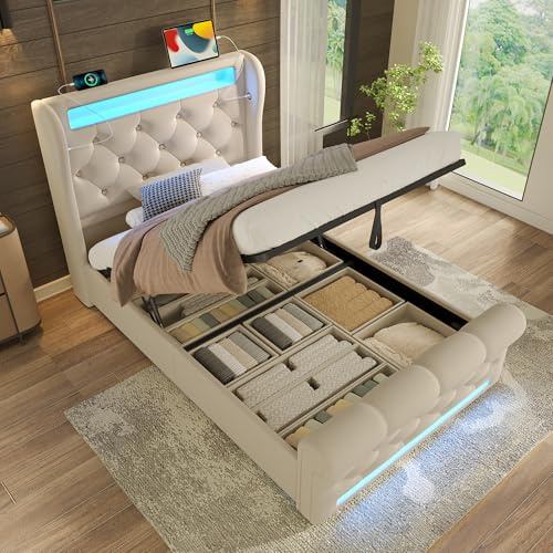 RIAZOS Polsterbett 90x200 cm, Einzelbett mit LED-Leuchten, Kopfteil mit USB- und Typ-C-Anschlüssen, Hydraulisches Stauraumbett, für Kinder und Jugendliche, Samt, Beige (Ohne Matratze)
