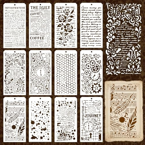 GOMAKERER 12 Blatt Retro Schablonen Mit Abstrakter Textur Zum Malen, 12 Stile Zeichenvorlagen Vintage Wiederverwendbare Kunstvorlagen Mit Unregelmäßigem Muster Zum Malen Auf Wänden Holz Heimdekoration