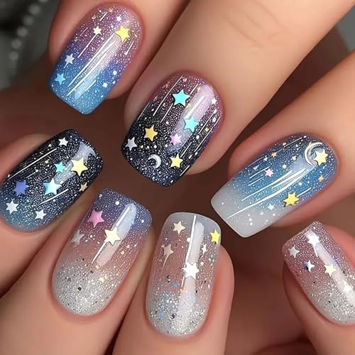 24PCS Starry Sky Press On Nails, Gradient Galaxy Glitter, Square Shape | Full-cover nail tips with sparkling finish, for women, parties, festivals, evening events and everyday styling