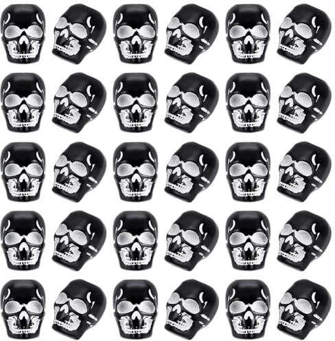 UNICRAFTALE 200 Stück Acryl Totenkopf Perlen Skelettkopf Zierperlen Sprühbedruckte Deckende Acryl Fassperlen Schwarze Europäische Perlen Mit 5mm Loch Für DIY Halloween Schmuck Armband Halskette