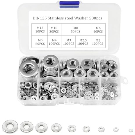 Unterlegscheiben Set Edelstahl 580 Stück mit Sortimentskasten, Insgesamt 9 Größen M2 M2.5 M3 M4 M5 M6 M8 M10 M12, Beilagscheiben Set für Schrauben, Muttern, Gewindestangen
