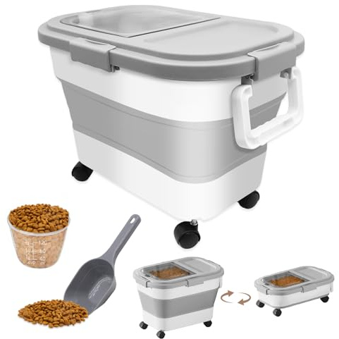 Zyluniy Contenedor Plegable para Alimentos de Mascotas 7-10kg, Contenedor de comida para perros, Recipiente Hermético con Ruedas, Cuchara Medidora, para Guardar Croquetas y Mantener su Frescura