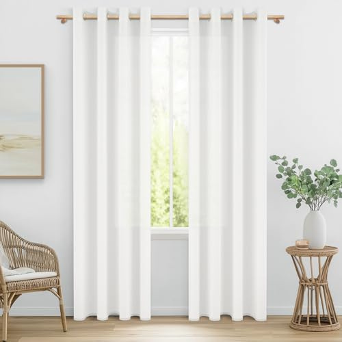 MRTREES Leinen Vorhang Weiß 2er Set 210 cm Lang 140 cm Breit, Ösenvorhänge Halbtransparent für Schlafzimmer und Wohnzimmer, Moderne Gardinen für stilvolle Innenräume