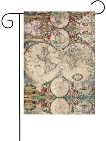 Carte du monde rétro imprimée drapeau de cour, drapeaux d'extérieur d'hiver et bannière de cour pour porche, pelouse, jardin, décorations de Noël