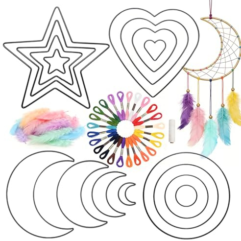 Ollanoos 16-teiliges Traumfänger Bastelset, Schwarze Traumfänger-Ringe mit 24 bunten Garnen, 100m Baumwollschnur, 50 Macaron-Federn, Ideal für DIY-Projekte und Geschenke