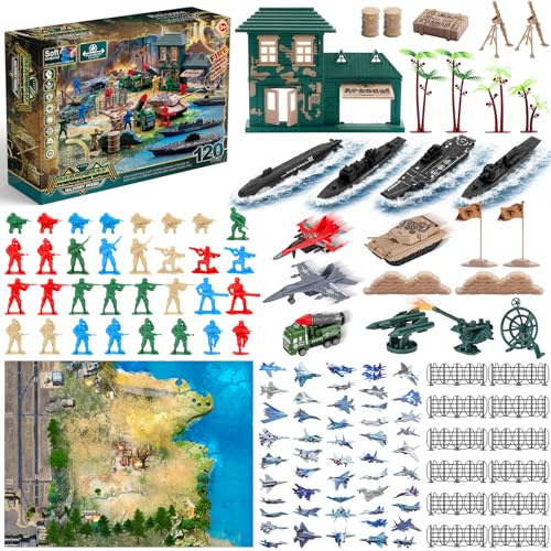 deAO 120 Stück Militär Spielzeug, Mini Soldaten Figuren Spielzeug Set | Waffen Spielset mit Panzer, Flugzeuge, Flaggen, Spielmatte und Kampfzubehör, Soldaten Plastik für Jungen Geschenke