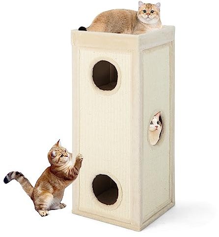 COSTWAY 4-stöckige Kratztonne Katzentonne, Kratzbaum mit Kratzbrett, 3 Höhlen & Kissen, Spieltonne für Katzen bis 25 kg, Katzenkratzbaum Katzenhaus Katzenmöbel, 40 x 40 x 99 cm (Beige)