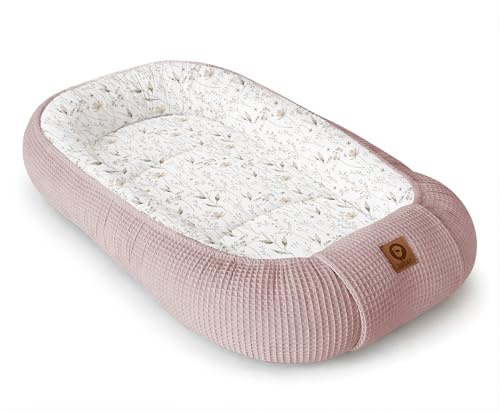 Babynestchen Neugeborene – Nestchen Baby aus Waffel Baumwolle & Baumwollstoff – Baby Kokon Tragbar – OEKO-TEX – Zubehör für Babybett – Gräser und Rosa