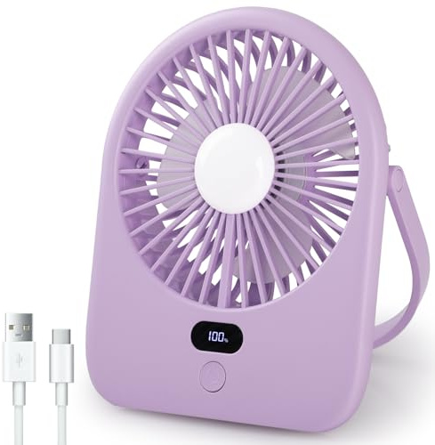 Secpeak USB Ventilateur, Mini Ventilateur de Bureau USB 1200 mAh avec Lumière LED,Petit Ventilateur Silencieux,5 Vitesses, Rotation à 180°,Idéal pour Bureau/Camping/Pique-niques/Voyages,Violet