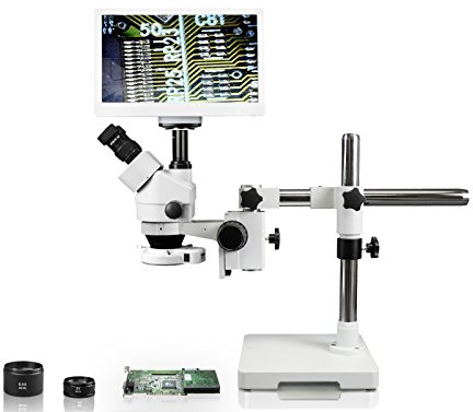 Vision Scientific VS-3FZ-IFR07-RET11.6 Simul-Focal Trinocular Zoom Stereo Microscope,10x WF Eyepiece, 3.5x-90x Magnification,0.5X&2X Aux Lens,Single Arm Boom Stand,11.6” Screen Display W/ 5MP Camera