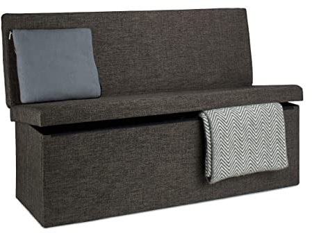 Relaxdays Faltbarer Sitzhocker mit Lehne XL HBT 73 x 114 x 38 cm stabiler Sitzcube als Fußablage Sitzbank und Sitzwürfel aus Leinen als Aufbewahrungsbox mit Stauraum mit Deckel für Wohnraum, braun