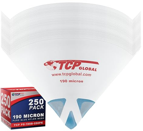 TCP Global - 190 Micron Filter Tips Ultra-Fine Paint Strainer (250 Pack) - Pure Blue Nylon Mesh Cone Strainer - Paint Filter Cones for Auto, House & Hobby